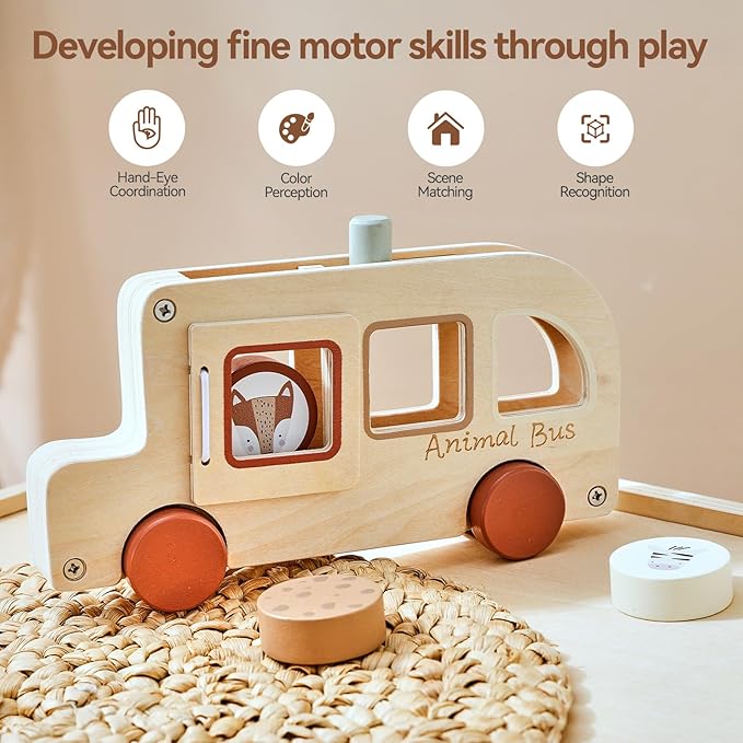 Wooden Animal Bus Toy with 3 Removable Animal - Shaped Discs, Designed with Pop Up, Roll and Ride Toy for Toddler Aged 3 Years and Up, Interactive Montessori Educational Toy for Toddlers' Daily Play