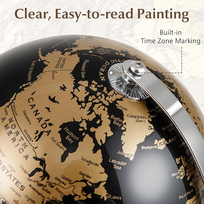 8" World Globe, Black Earth Globe with Gold Accents, Metal Stand, Non-slip Base & Time Zone, Decorative Tabletop Desk Globes for Classroom, Office & Home