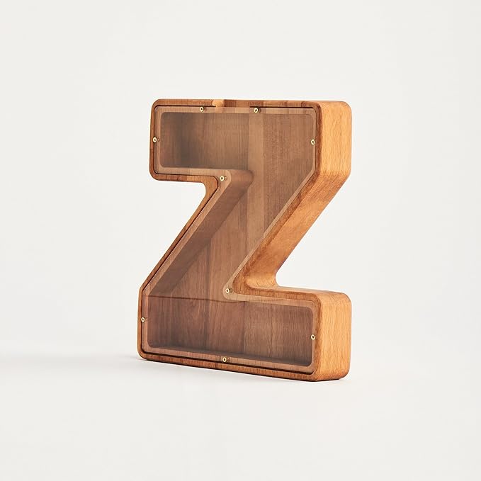 Personalized Wooden Piggy Bank – Custom Letter Z Coin Bank in Beech Wood with Clear Acrylic Front, Engraved Name Option, Money Saving Box for Kids and Adults