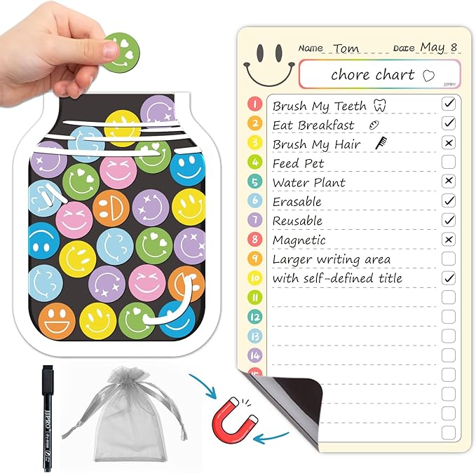 JJPRO Magnetic Daily Checklist for Kids with Smiley Faces Reward Jar- 10" x5.5“ Dry Erase List Board for Toddlers,Home Chore Chart for Fridge,Magnetic Reward Jar Positive Behavior Training -Yellow
