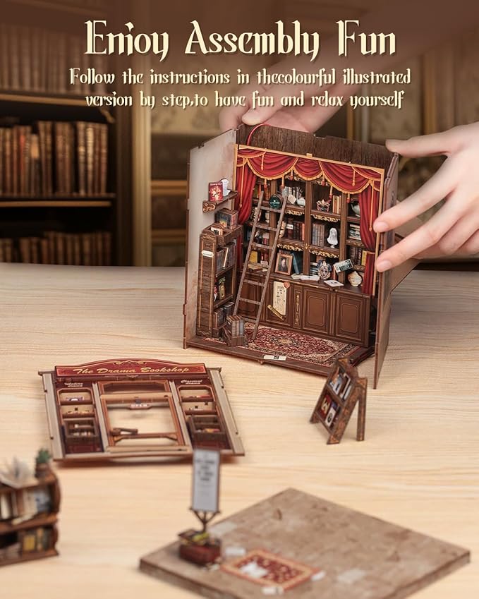 Cutefun Book Nook Kit - DIY Miniature Dollhouse Booknook Kit for Adults and Teens, Tiny House Bookshelf Insert Decor with LED Light, Gifts for Family and Friends (The Drama Bookshop)