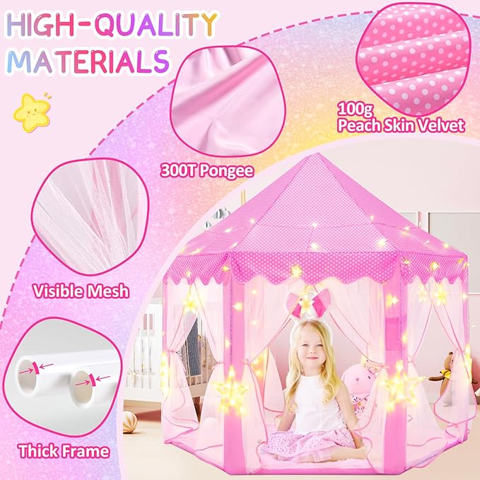 EVOIONOS Princess Tent for Girls, Castle Tent for Girls, Princess Castle Play Tent with Large Star Lights, Kids Tent Indoor Playhouse, Pink Girls Tent, 55 x 53 inches