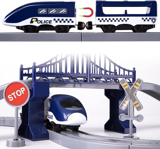Train Sets for Toddlers, 66 Pcs Trains Toy with Battery Operated & Tracks (Magnetic Connection), Compatible with Thomas, Brio, Christmas Toy Gifts for 3 4 5 6 7 8 Years Old (Police)