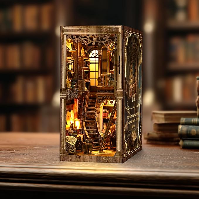 Book Nook Kit - DIY Enchanted Cottage Miniature House for Adults & Teens, 3D Wooden Puzzle Booknook with LED Lights, Bookshelf Insert Decor & Creative Model Building（Antique Books Collection Room）