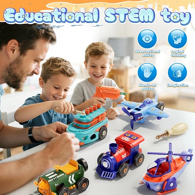 Take-Apart Electric Building Toys for kids ages 4-8, 5 Pcs Toys Cars Kids&toddler Tool Set with Motor & Electric Drill, STEM Educational building construction toys 3+ year old, Gift for Boys 3 4 5 6