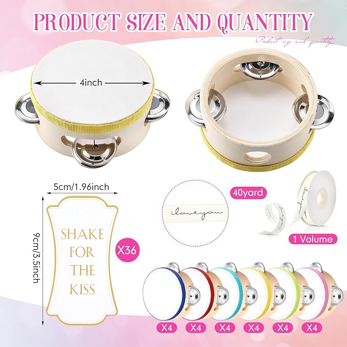 24 Set 4 Inch Tambourine for Adults Wooden Hand Held Drum with Metal Jingles, Gift Tags, White I Love You Printed Ribbon Percussion Gift Musical Instrument for Church Wedding Party(Colorful)