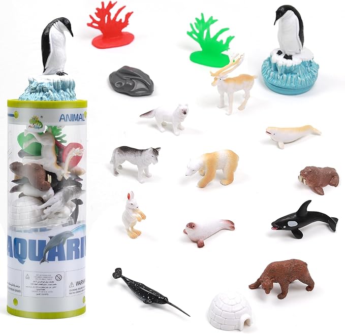 UNIQUE KIDS Mini Arctic Animals Figurine Creatures in Tube 15 pcs Set | Realistic Tiny Little Animals for Sensory Bin, Birthday Party Favor, Toddler 3-5 (Arctic Animals)