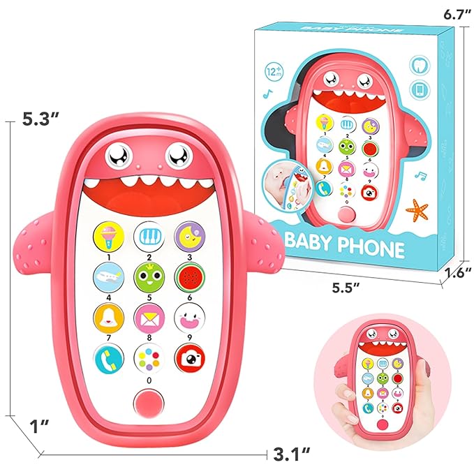 Baby Shark Cell Phone Toy Removable Teether Case, Light, Music & Adjustable Volume Kids Play & Learn Fake Phone Infant Toddler, Preschool Holiday Birthday Presnet for Girl Boy 12 Months (Red)