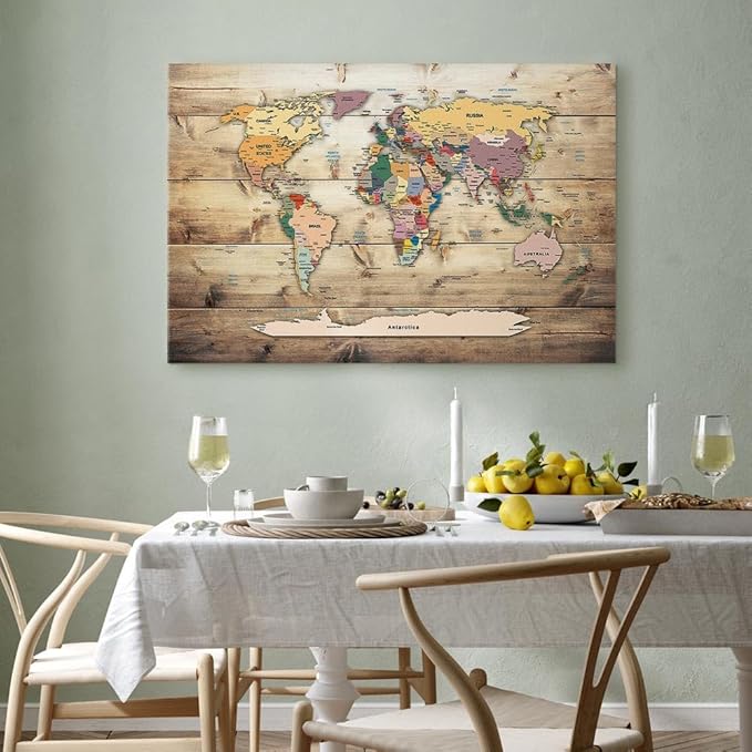 artgeist Acoustic Canvas Wall Art Print World Map 35x24 in - 1pcs Picture with Acoustic Foam Sound Print Artwork Room Acoustics Soundproofing World Travel Map Wood k-B-0009-b-b
