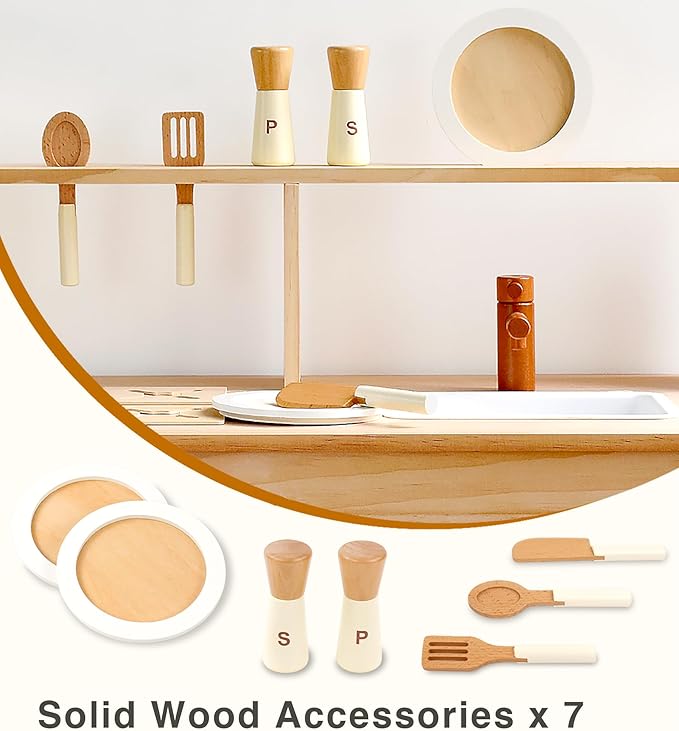 PairPear Wooden Play Kitchen Set, Solid Pine Wood 2 in 1 Kids Kitchen & Market Shelf with Chalkboard, Natural Finish, 7 Piece Pretend Play Kitchen playset for Age 3+