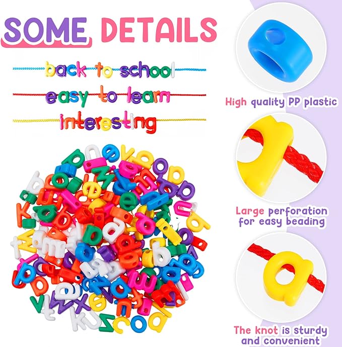 Wesiti 408 Pcs Lacing Letters Alphabet Learning Toys Toddler ABC Alphabet Beads Lacing Sports Skills Toys for Preschool Games Homeschool Supplies Early Spelling (Lowercase Letters)