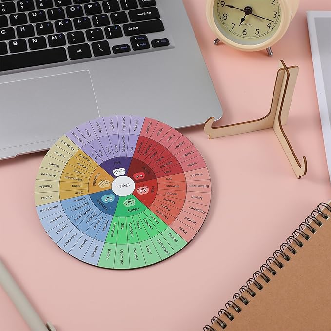 TIESOME Feelings Wheel Therapy Office Desk Decor, 6 Inches Double-Sided Wood Mental Health Emotions Chart with Stand for Women Men Counselor Therapist Home Office