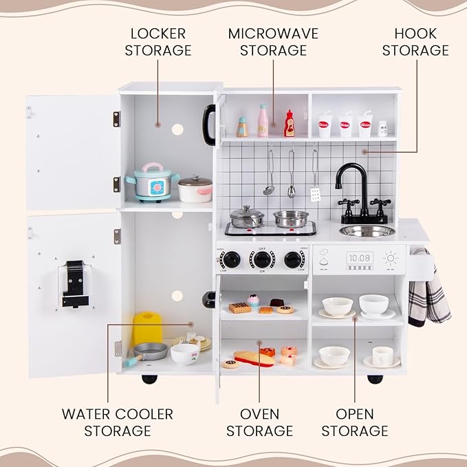 INFANS Play Kitchen for Kids, Wooden Kids Play Kitchen Playset with Realistic Light & Sounds, Pots Pan Microwave Sink, Children Pretend Cooking Toy Set Gift for Toddler Boys Girls Ages 3+