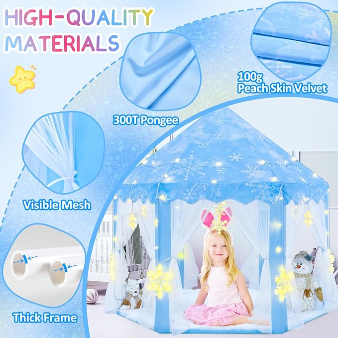 EVOIONOS Frozen Princess Tent for Girls, Play Tent with Large Snowflake Lights for Kids, Castle Playhouse for Children Indoor Outdoor Games, 55 x 53 inches, Blue
