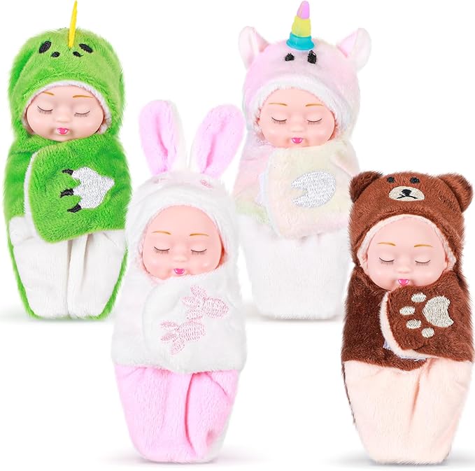 Hanaive 4 Pcs 4 Inch Mini Baby Dolls Lifelike Realistic Baby Dolls Animal Clothes Cute Tiny Gifts for Kids Birthday Party(Kawaii Style)