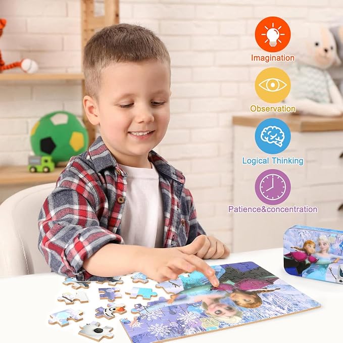 Puzzles for Kids Ages 4-8,Kids Puzzls in a Metal Box,Winter Princess Snowman Small Puzles,Kid Boys Girls Learning Educational Puzzle Packed in Tin Box,60 Pieces