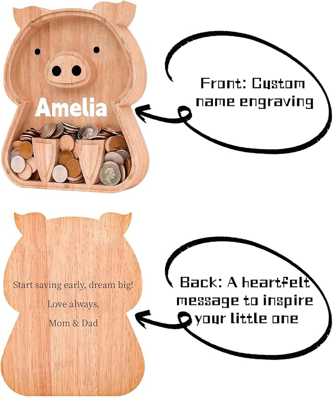 Personalized Wooden Piggy Bank for Kids, Custom Name Cute Wood Bank Large for Boys Initial Coin Bank Personalized Wood Money Save Box for Birthday Christmas and Festival