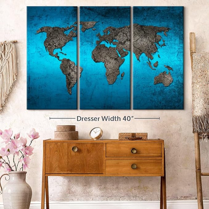 ElephantStock Ocean World Map Multi Piece Canvas - 3 Panel Wall Decor - Map of the World Art - Canvas for the Office and Home - 57" X 36"