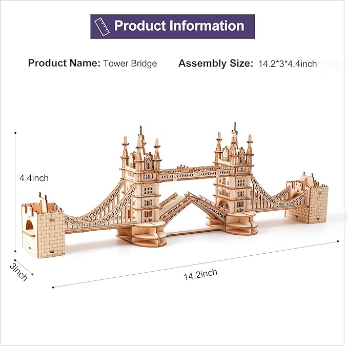 ROBOTIME 3D Puzzle Wooden Craft Kits with LED Light DIY Tower Bridge Construction Model Kit to Build for Teens Brain Teaser Puzzle Home Decor Birthday Gifts