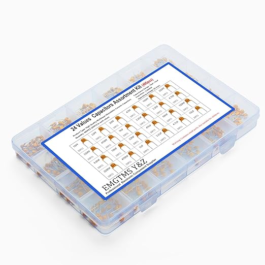 24 Values 480pcs Multilayer Monolithic Ceramic Capacitor Assortment Kit, 10pF-10uF Capacitor Set with Storage Box for Electronics Projects