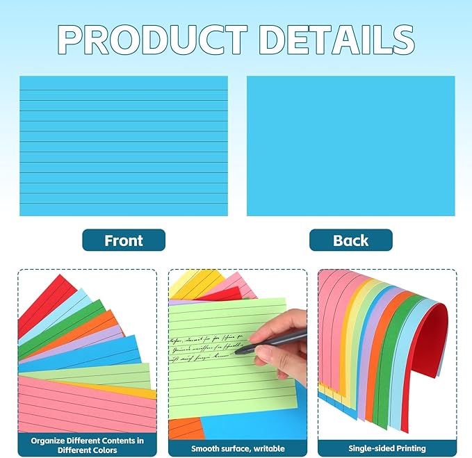 Tecmisse Colored Index Cards 4x6, 300 Pack, 10 Colors Ruled Note Cards, Flash Cards for Studying, Heavy Notecards for Office and School, One Side Lined, One Side Blank