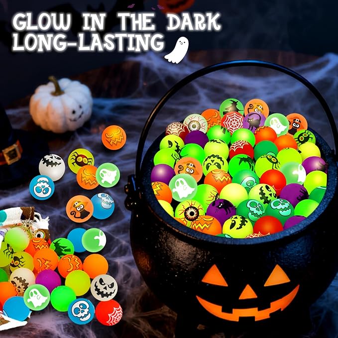 100pcs Glow in The Dark Bouncing Balls,8 Halloween Theme Designs Bouncy Toys Balls, Halloween Party Favors Supplies, Trick or Treating Goodie, Halloween Miniatures,School Classroom Game Rewards