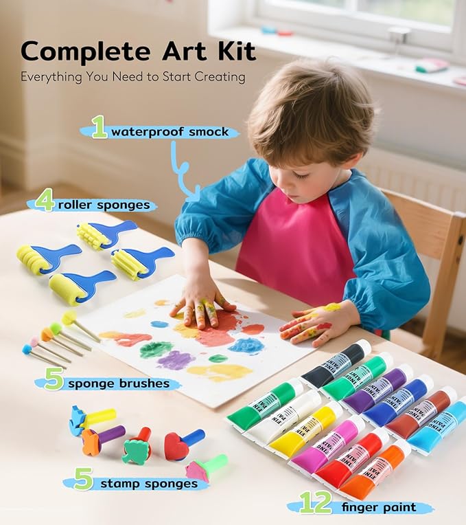 TMOL Washable Finger Paint for Toddlers, 27 PCS Non-Toxic Finger Paints, 12 Vibrant Colors (1.21fl oz), Baby Paint for Hand and Feet, Safe Art Supplies, Early Learning Gifts for Kids Age 3+