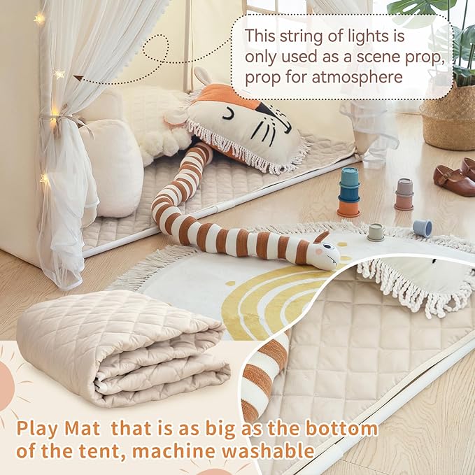 Kids Play Tent with Padded Mat, Kids Tents Large Princess Castle Pompoms Play House Indoor Playhouse Tent for Girl Bed Tents