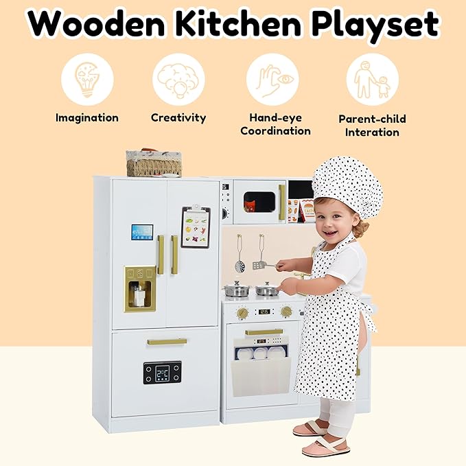 Play Kitchen Sets for Kids, Pretend Wooden Kids Kitchen Playset, Interactive Toy Kitchen with Freezer, Washing Machine, Ice Maker & Large Storage Space, for Boys Girls Ages 3+, White
