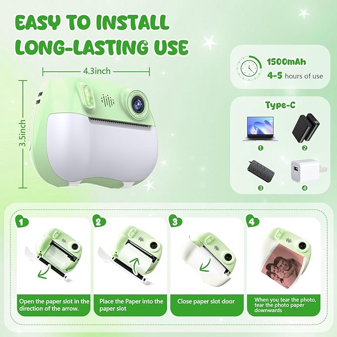 Kids Camera Instant Print 1080P Front Rear Dual Selfie - Toddler Cameras with Digital Video Games,32GB & 5-Color Print Paper/ 250 Photos,Easy to Use & Great Toys Gifts for Boys Girls, Ages 3-12 Green