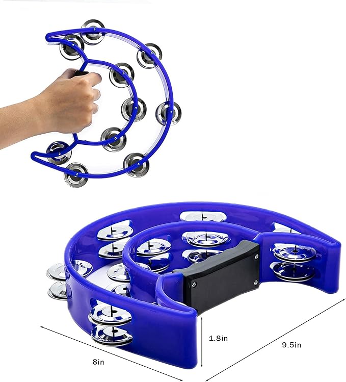 Musfunny Tambourine Double Row Metal Jingles Hand Held Percussion Tambourines Half-Moon Musical Instrument for Adults, Church, KTV, Party (Blue)