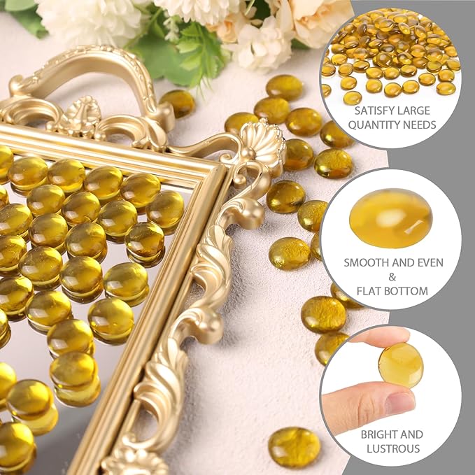 FUTUREPLUSX 5Lb Flat Glass Marbles, Amber Yellow Vase Filler Beads Flat Gems Decorative Glass Stones for Table Scatter Hydroponic Plant Decor