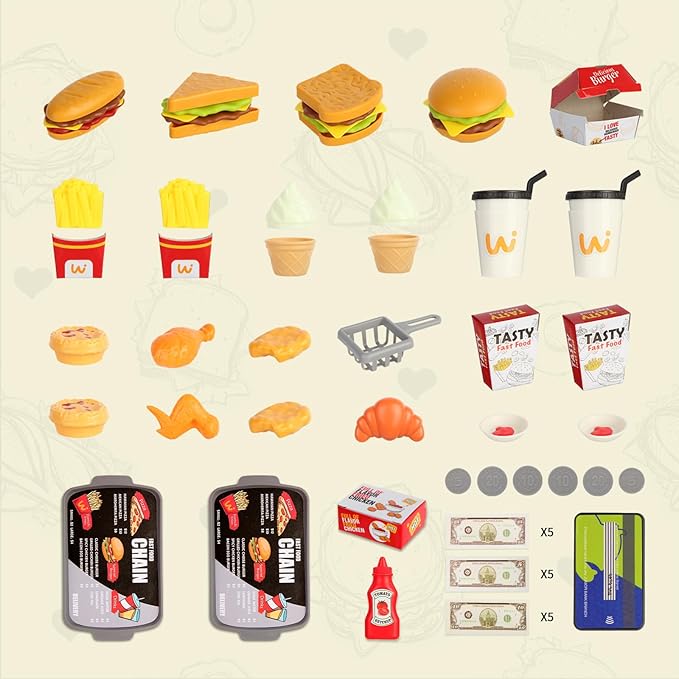 Pretend Play Food Toy for Kids Kitchen with Cash Register, Coffee Maker, 71 Pcs Fast Food Set with Burger, Fries, Ice Cream, Play Money, Educational Birthday Gift for Boys Girls Ages 3-8 (Green)