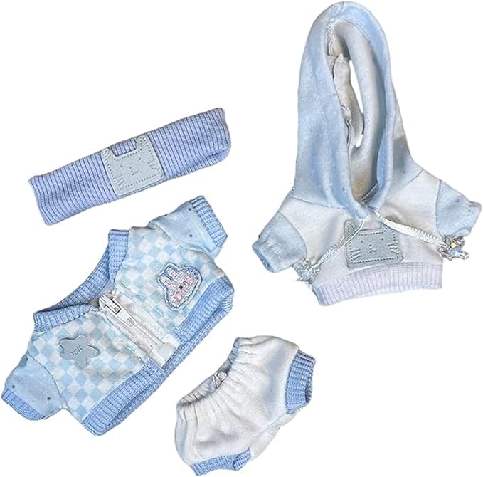 17cm/6.7in Clothes Set for Dolls - Cute Hat & Overalls Outfit, Soft Premium Fabric Dress Up Accessories Suit, Easy On/Off, NO Doll Included (Light Blue Checker)