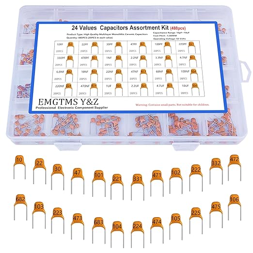 24 Values 480pcs Multilayer Monolithic Ceramic Capacitor Assortment Kit, 10pF-10uF Capacitor Set with Storage Box for Electronics Projects