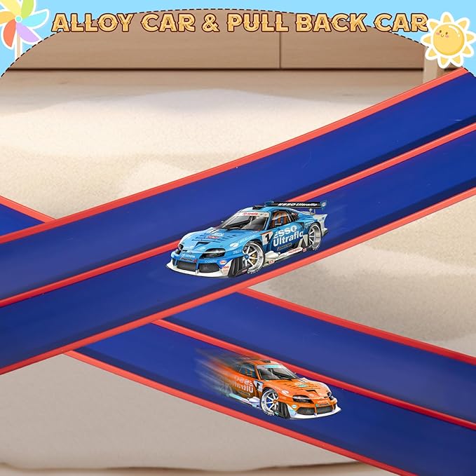Flex Track 15 Ft Starter Set, Flexible Race Car Ramp Track for Ages 3 & Up with Suction Cups Compatible with Diecast 1/64th Cars (Blue & Red)