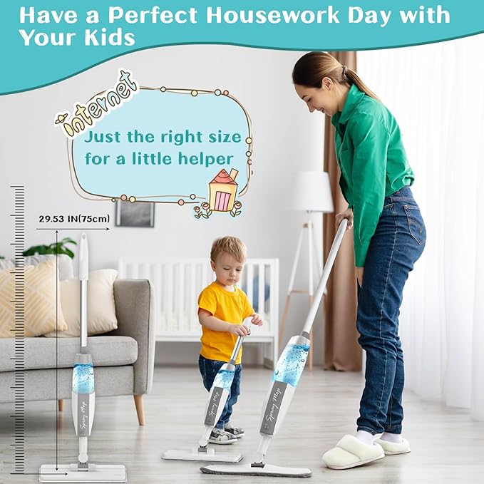 Toddler Cleaning Set That Really Works - Kids Spray Mop - Toddler-Size Small Mop with Real Squeeze Water Sprayer, Detachable Kids Mops, Interactive Cleaning Toys Gift for Boys & Girls