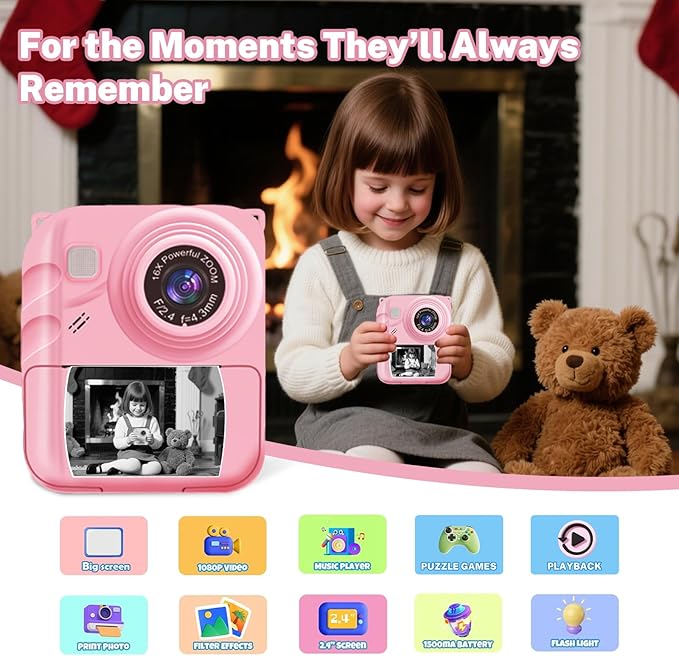 Instant Print Camera for Kids, 1080P Video Camera with 3 Print Rolls, 32GB Card & Cute Cover, Gift for Girls Boys Age 3-12, Toddler Digital Camera with Games, Filters, Music – Pink