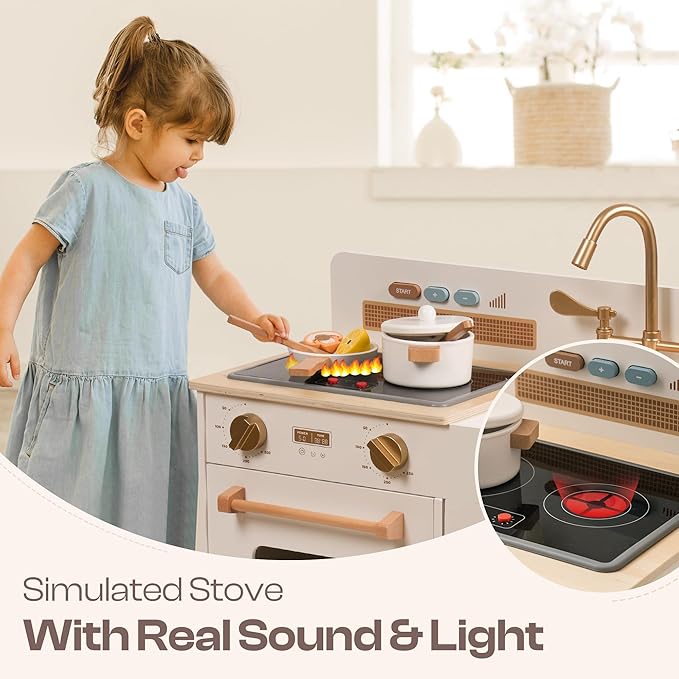 ROBOTIME Play Kitchen for Toddlers, Wooden Kids Play Kitchen Playset with Real Lights & Sounds/Ice Cube Dispenser, Pretend Play Montessori Toy Kitchen, Gift for Ages 3+