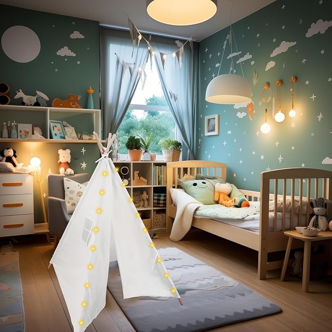 3pcs Teepee Tent with 10FT String Lights for Kids, Canvas Teepee Play Tent, Indoor & Outdoor Playing Tents with for Girls & Boys Party Indoor Outdoor Games (White)