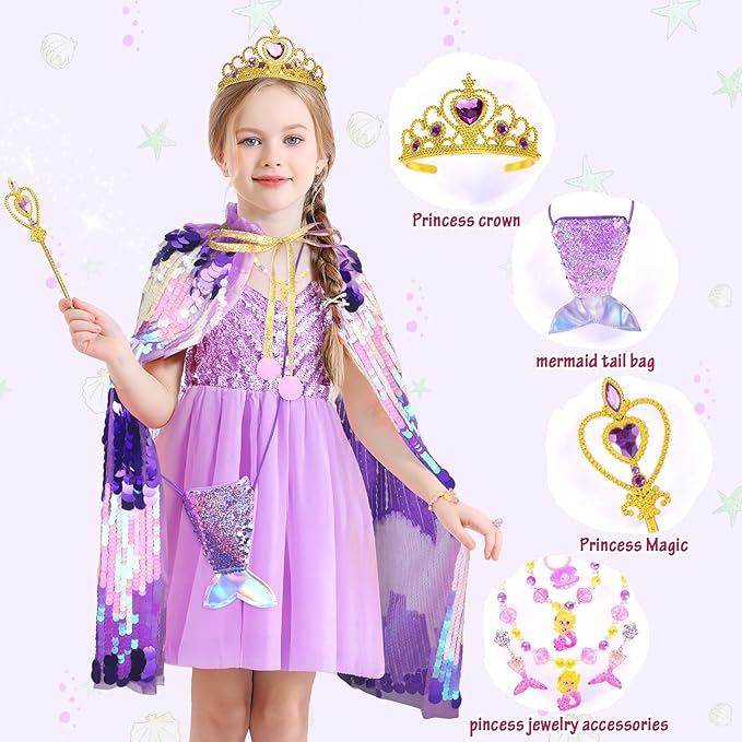 Princess Dress Up Toys Mermaid Dress Up Cape Kit 9 Pcs Gift Set for Little Girls 3-8 Years Old