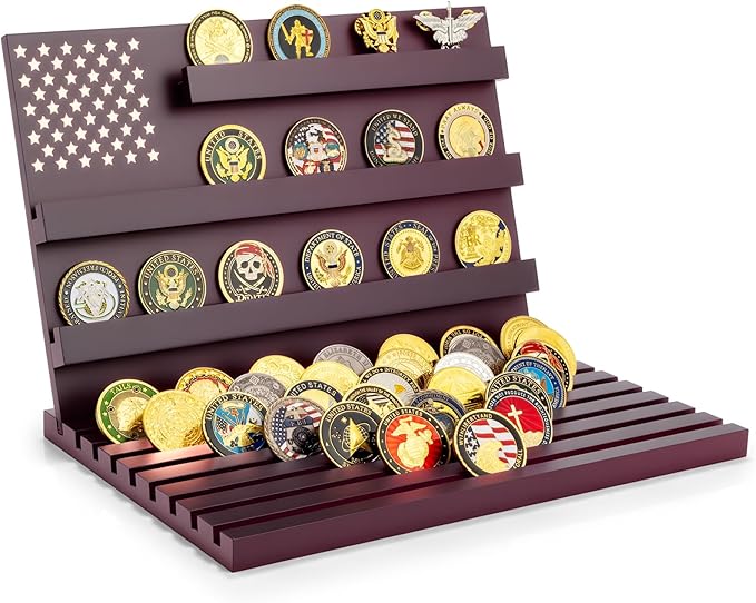Challenge Coin Display Stand - 11 Rows Military Coins Holder Rack, Wooden Coin Collection Case for Table Top Display