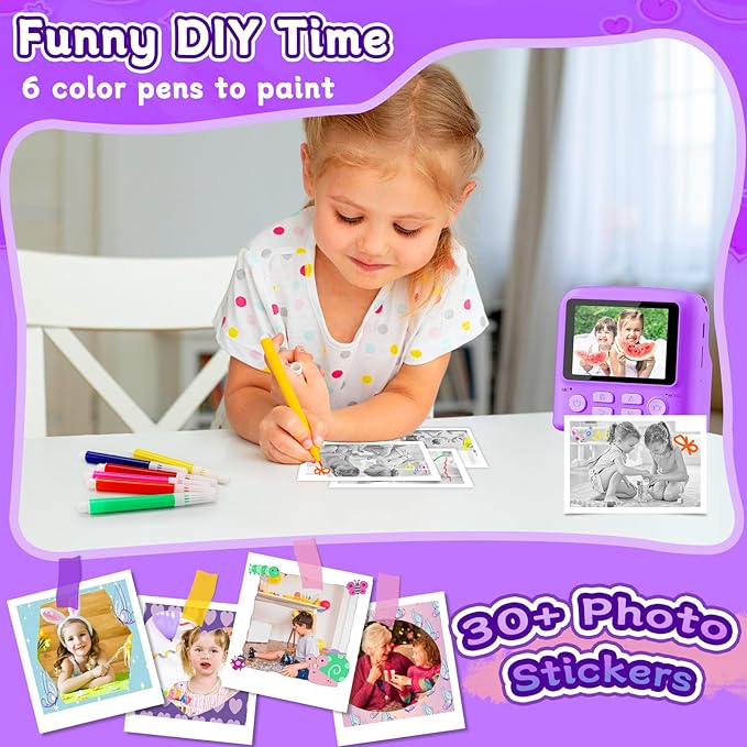 Kids Instant Print Camera, 1080P Digital with 32GB Card, Portable with Lanyard, for 3-8 Year Old Girls & Boys