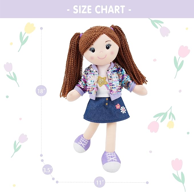 June Garden 18" Snuggle Cutie Sophie Glam - Soft Cuddly Plush Doll Gift for Girls - Huggable Rag Doll - Trendy Outfit L