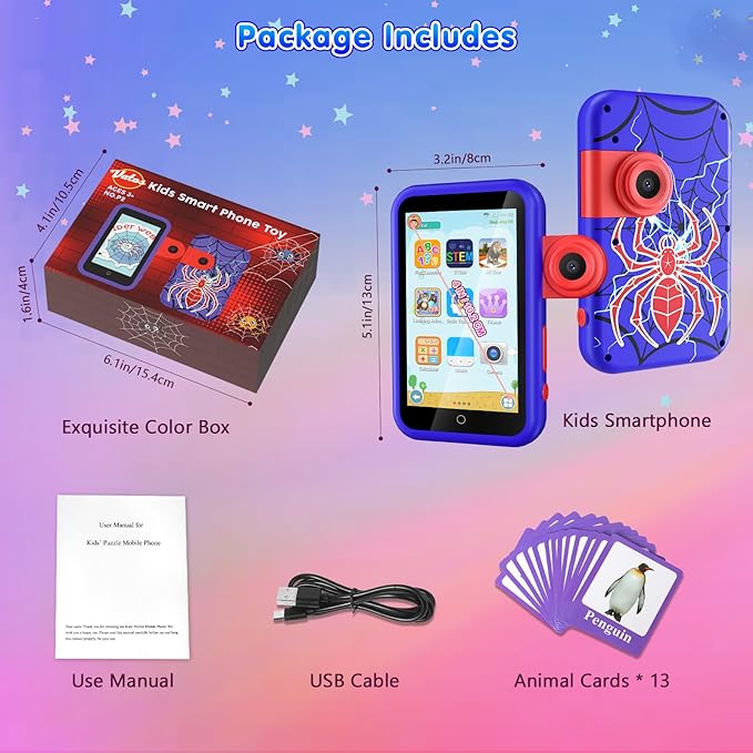 VATOS Kids Smart Phone Toy for Girls Boys 3 4 5 6 7 8 9 Years Old, 4" Large Touchscreen Spider Style Kids Cell Phone with Dual Camera, Music Player, Puzzle Game, 8GB Memory Learning Toy Birthday Gift