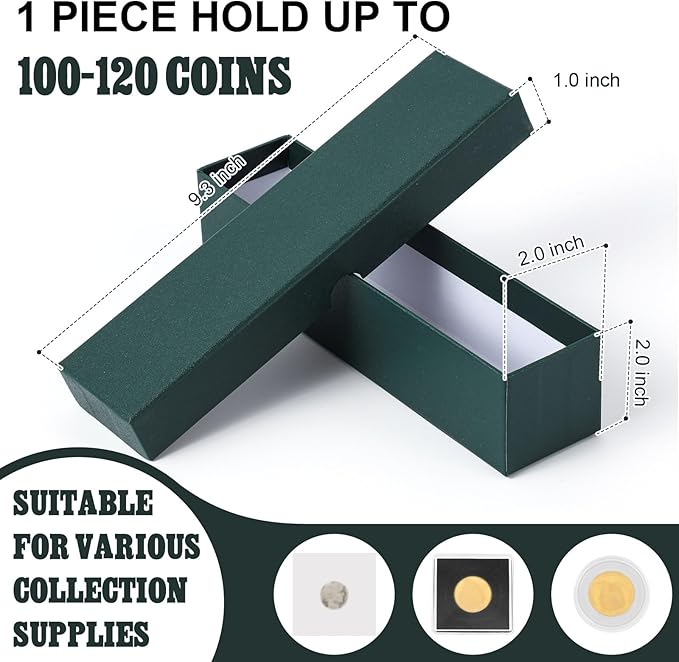 Teling 4 Pcs Coin Storage Box 2x2inch Flip Holders Collectors Coin Supplies Holders for Cents Collection Cardboard(Dark Green)