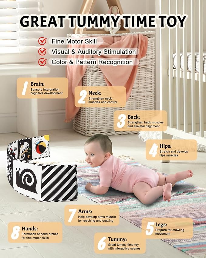 Tummy Time Toys, High Contrast Baby Book with Mirror & Teether, Black and White Infant Books, 0-6-12 Months Soft Book for Newborn, Sensory Books, Tummy Time Car Seat Toys 0-6 Month Boy Girl Gift