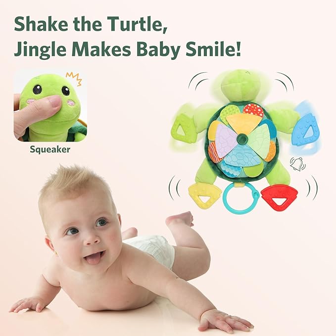 Turtle Baby Sensory Toy, Flip Scales & Multi-Textured Belly Montessori Activity Toy with Rattle Squeaker Teethers, Tummy Time/Crib/Stroller Toy,Educational Toy for 0-3 Years Newborn to Toddler