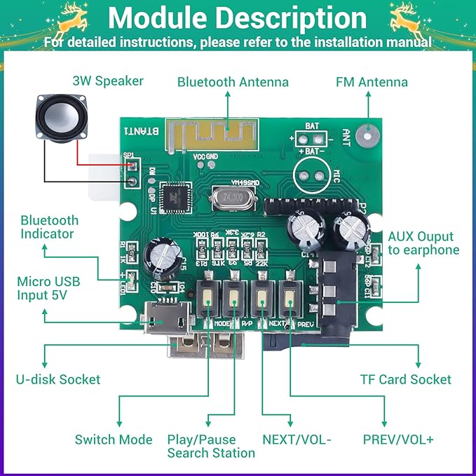 Christmas Tree Soldering Kit, Icstation 3D Xmas Tree Soldering Project Bluetooth-Compatible U-Disk/AUX/TF Music DIY Soldering Practice Kit with LED Lights