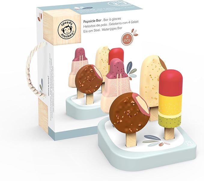 Speedy Monkey Wooden Ice Cream Bar Stand with 4 Treats – FSC Certified Popsicle & Gelato Pretend Play Dessert Counter for Kids, Sweet Food Role Play Toy for Toddlers, Boys & Girls, Ice Cream Cart Set